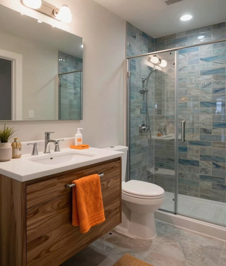 A wide-angle photography shot of a completed modern bathroom renovation in a Los Angeles, California home, featuring a floating wood vanity with an orange accent towel and a glass-enclosed walk-in shower with construction blue tile accents.