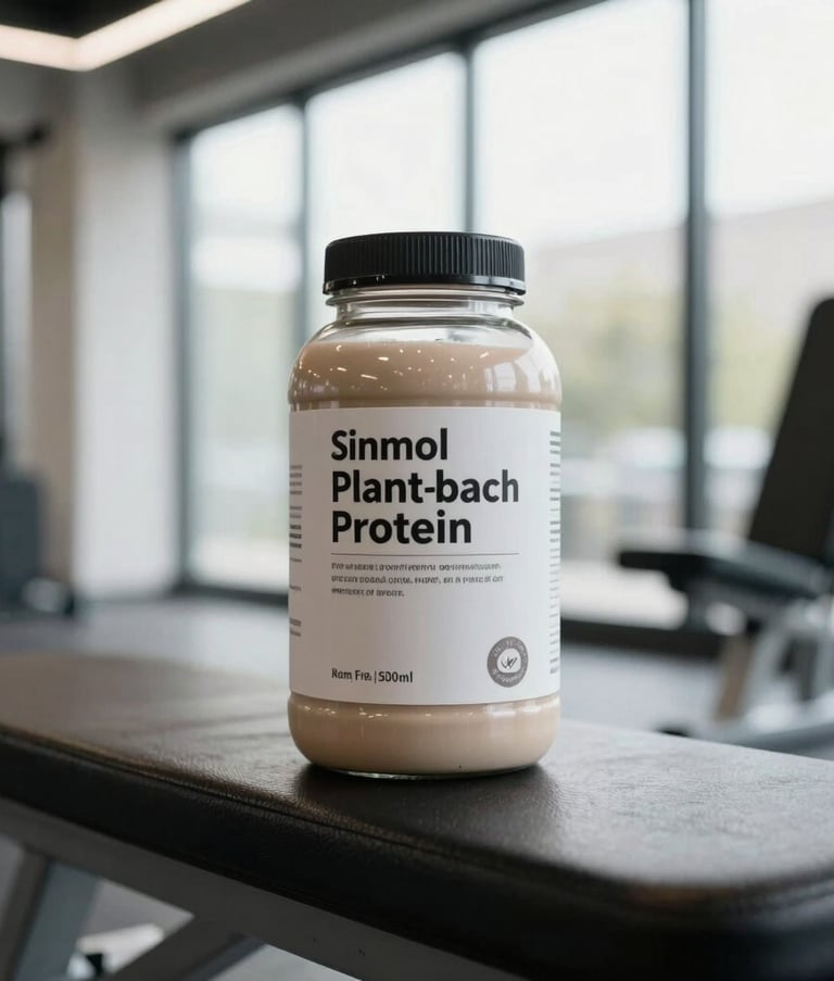 A premium matte glass bottle of plant-based protein powder sitting on a clean gym bench in a bright, modern North American fitness studio with natural window lighting.
