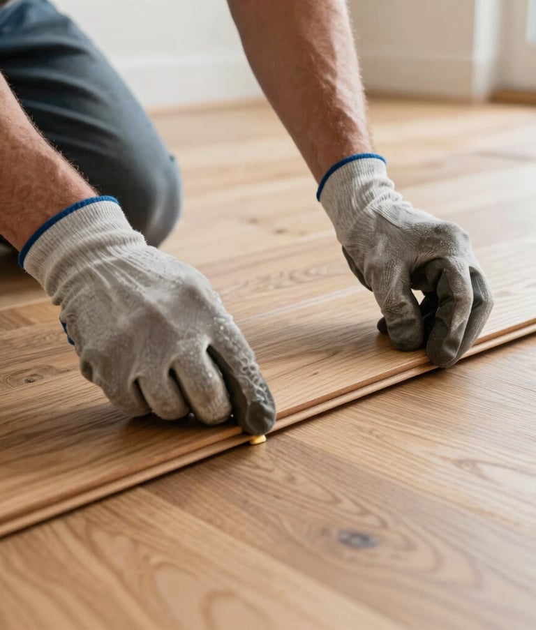 Close-up photography of a skilled craftsman's hands in work gloves carefully installing modern hardwood flooring in a bright North American / US home. Meticulous focus on the texture of the wood and the precision of the fit.