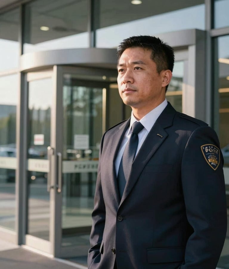 A detailed close-up of a professional security agent in a dark navy suit standing at a sleek glass entrance of a modern US office building, morning sunlight reflecting on the glass.