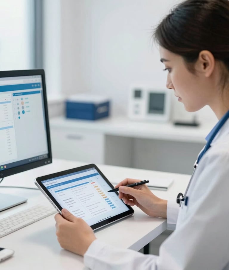 A professional in a modern North American / US healthcare office using a slim tablet interface to monitor systems, bright white workspace with deep blue accents, professional and clean aesthetic.