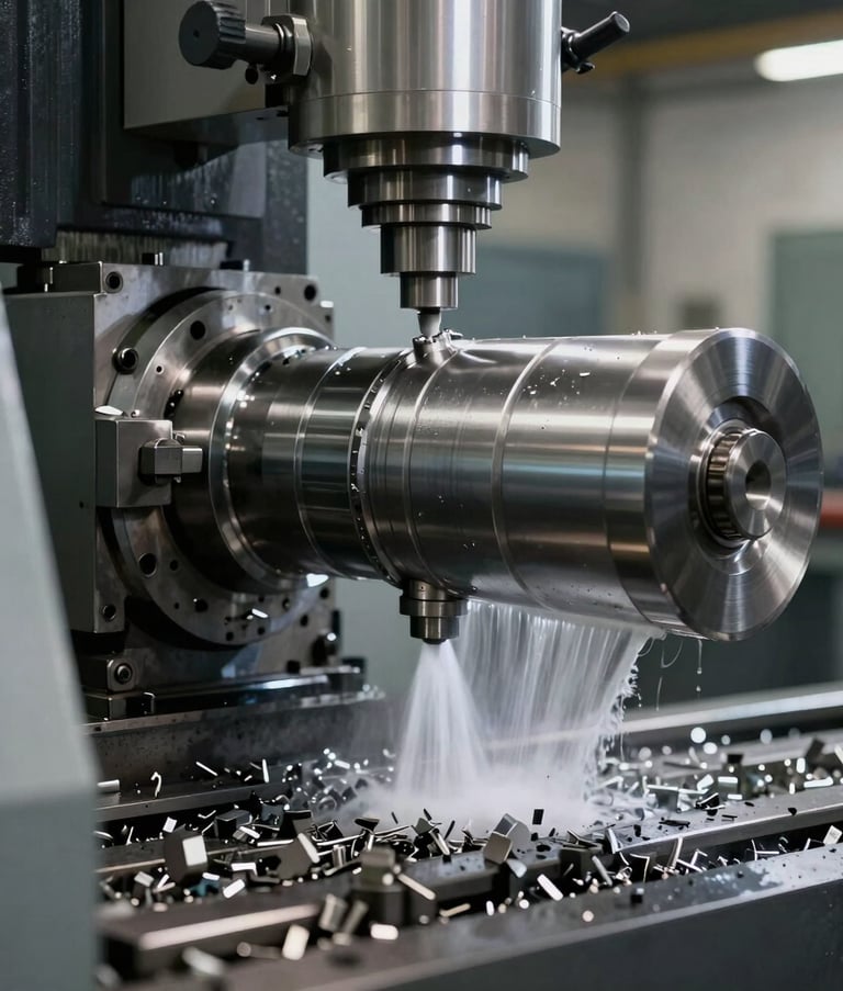 A high-precision CNC lathe machining a large metal cylinder, coolant fluid spray and sharp metal shavings, South American / Brazilian industrial workshop setting, Steel Gray and Dark Gray colors.