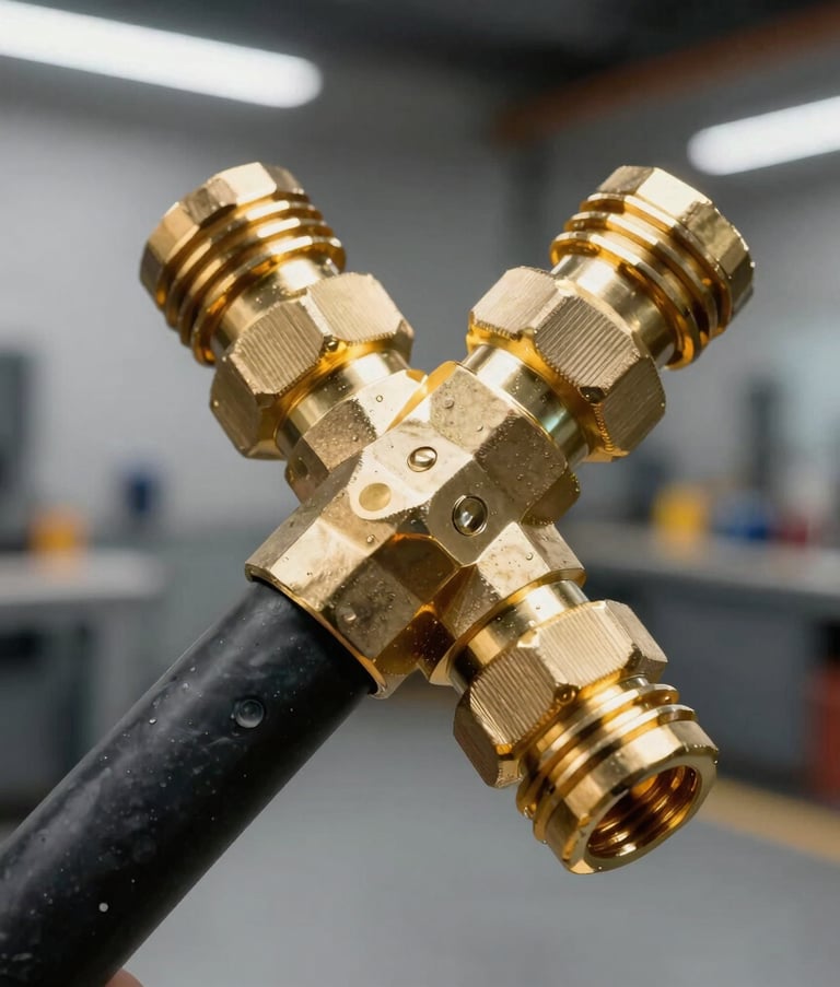 Detailed photography of a heavy-duty hydraulic hose with polished Gold brass fittings. The texture of the black rubber and the metallic sheen are prominent, set against a modern Jerusalem workshop backdrop with shallow depth of field.