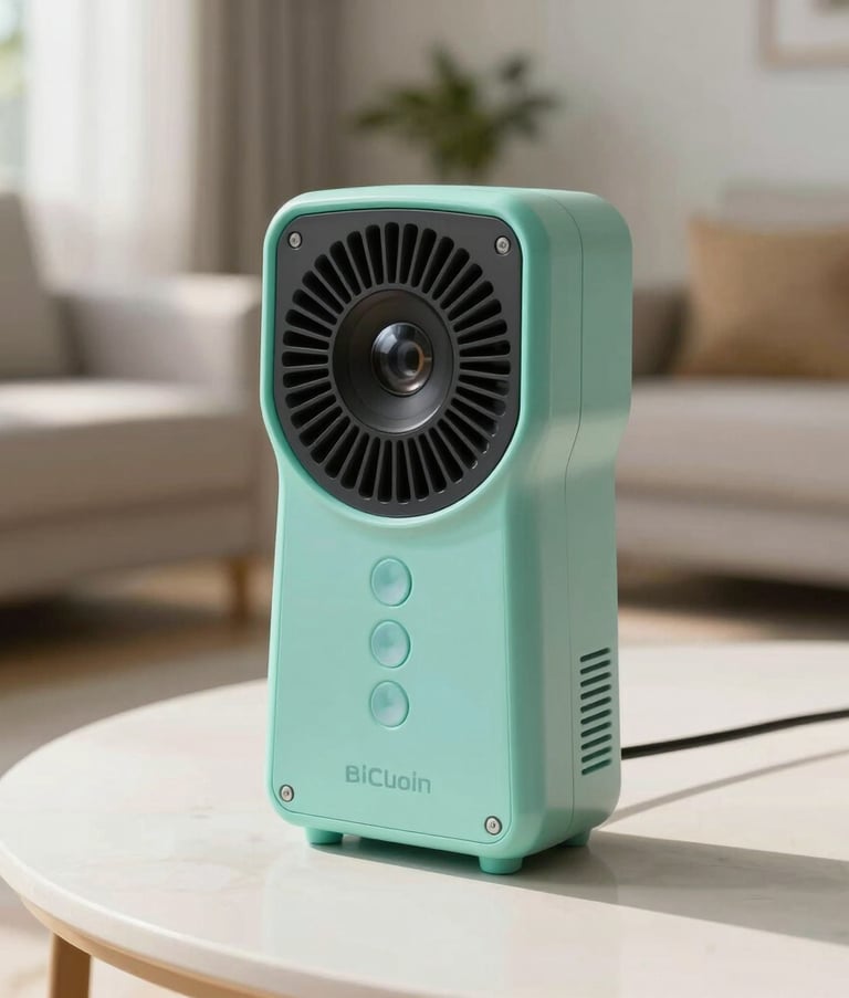 Close-up of a professional air quality testing device in a modern, sunlit North American / US (Florida) living room, emphasizing purity, safety, and modern environmental technology with soft green and light blue tones.
