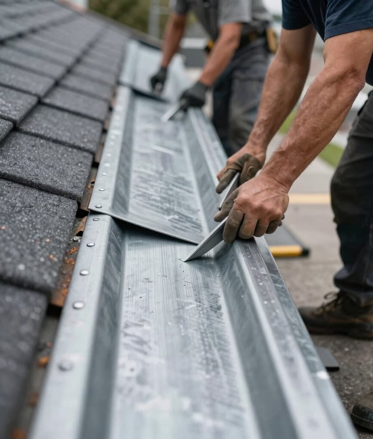 A close-up photograph of high-quality roofing materials being expertly installed by a skilled team. The focus is on the durability and clean lines of the construction. Steel gray tones and architectural composition. North American / NYC.