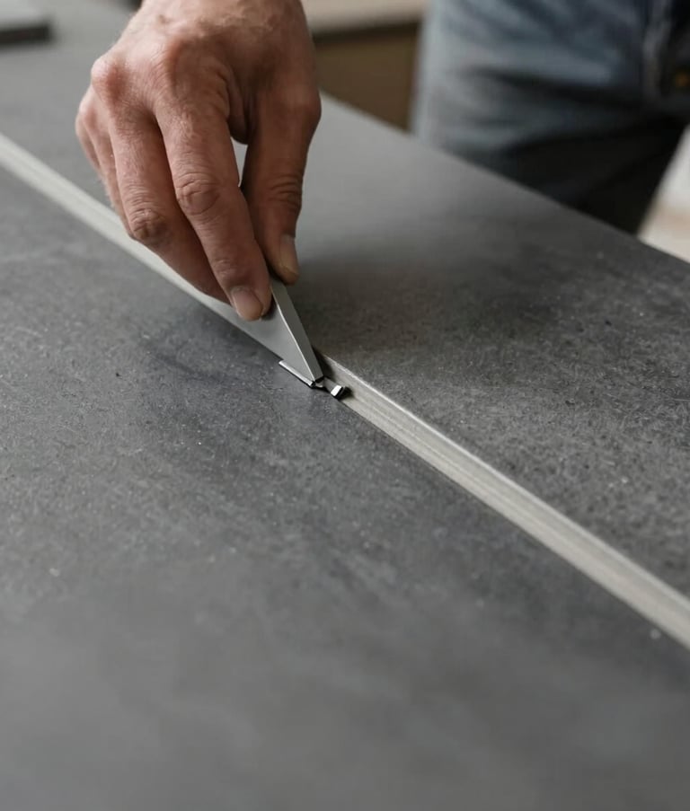 Close-up professional photograph of a tiler installing high-end charcoal ceramic slabs in a modern Middle Eastern kitchen. The focus is on the precision of the alignment and the quality of the light grey grout being applied to the smooth surface.