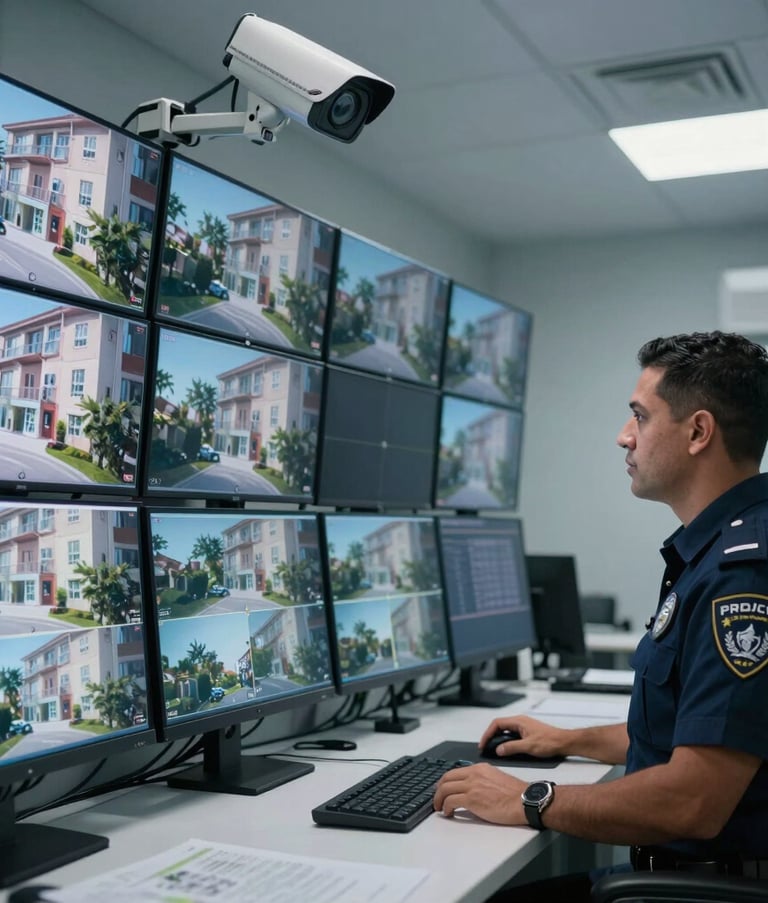 Modern security and surveillance room with a wall of monitors displaying real-time video feeds from a residential complex, a Latin American security professional in professional attire visible in profile, clean and efficient setup with soft steel-blue lighting.