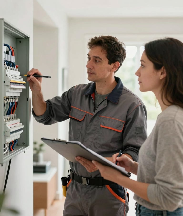 A professional electrician in high-quality North American work attire consulting with a homeowner in a bright, modern British Columbia residence. They are looking at an electrical panel, conveying trust and premium service.