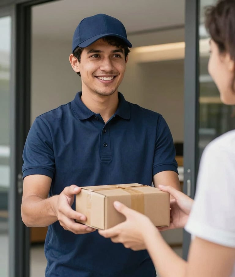 A close-up photograph of a professional delivery courier hands handing over a small package to a customer at the entrance of a contemporary Brazilian office, soft natural lighting, focused and trustworthy atmosphere, deep navy blue uniform colors.