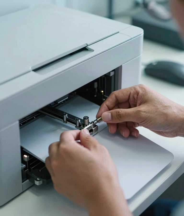Close-up of a skilled technician's hands performing precise maintenance on an office printer, professional toolset visible, clean and organized Latin American workspace, high-tech reliability, lighting emphasizing efficiency, soft azure blue tones.