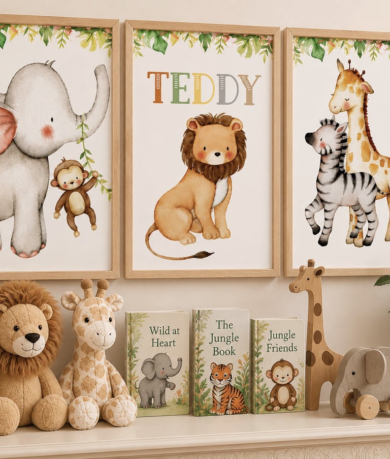 Set of three personalised safari animal nursery prints featuring an elephant, lion and zebra in a ch