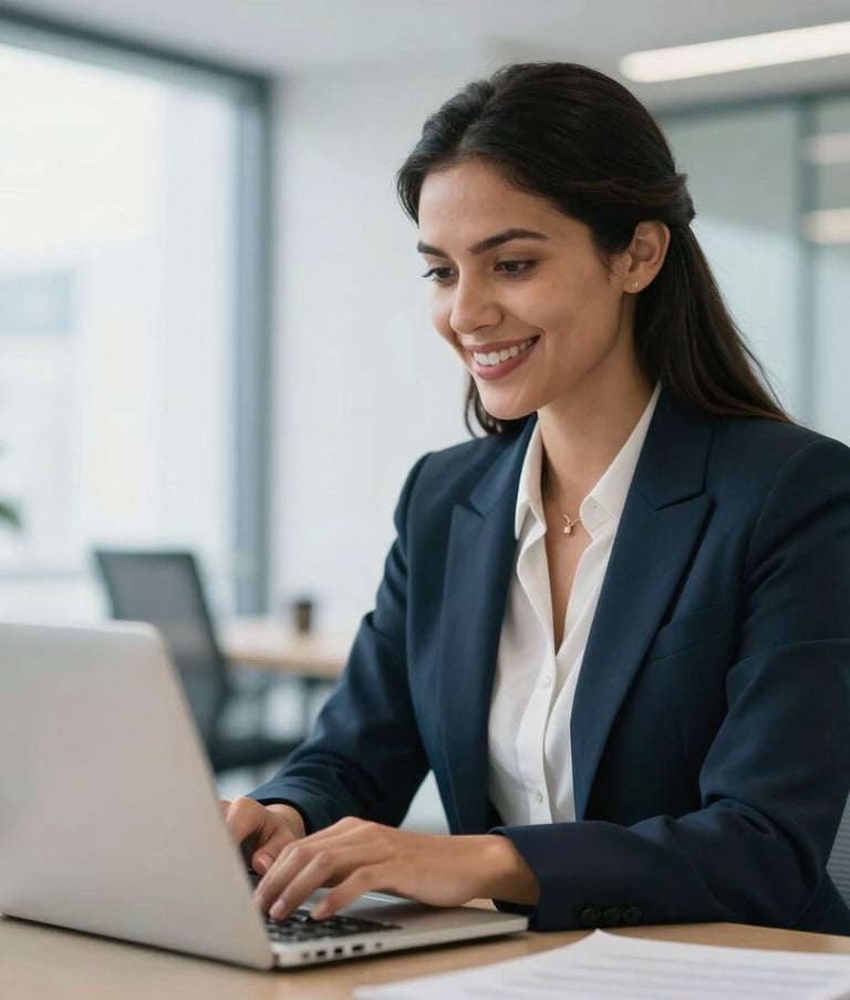 A professional South American woman in business attire working in a bright, modern corporate office. She is smiling naturally while typing on a laptop. The lighting is bright and airy with soft blue accents in the background decor.