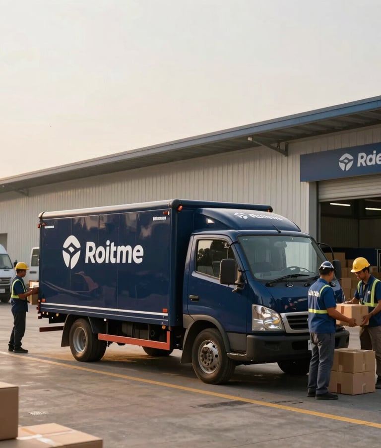 A modern logistics hub in a South Asian city during the day. A delivery van with sleek dark blue branding is parked as professional workers handle parcels. The scene is shot in a crisp, clean style with warm golden hour lighting.