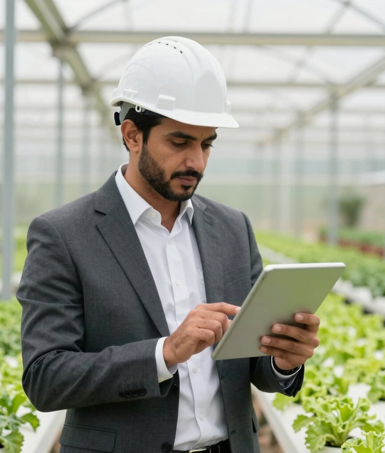 A Middle Eastern professional consultant in smart casual attire, wearing a white hardhat, standing in a vibrant green greenhouse in Saudi Arabia. He is looking at a digital tablet with a focused and innovative expression. The background features high-tech hydroponic systems and a clean, modern agricultural environment.