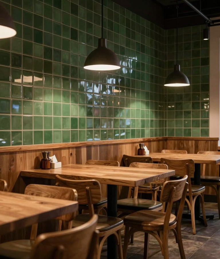 A cozy, Scandinavian-style restaurant interior in Western / North American region. The scene features Matte Forest Green tiled walls, warm wooden furniture, and sophisticated lighting that creates an approachable warmth.