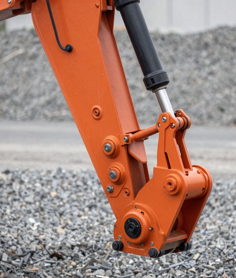 Detailed close-up of a heavy machinery hydraulic arm in action, bright orange metal against a grey gravel background, professional industrial photography, sharp focus on the mechanical joints.