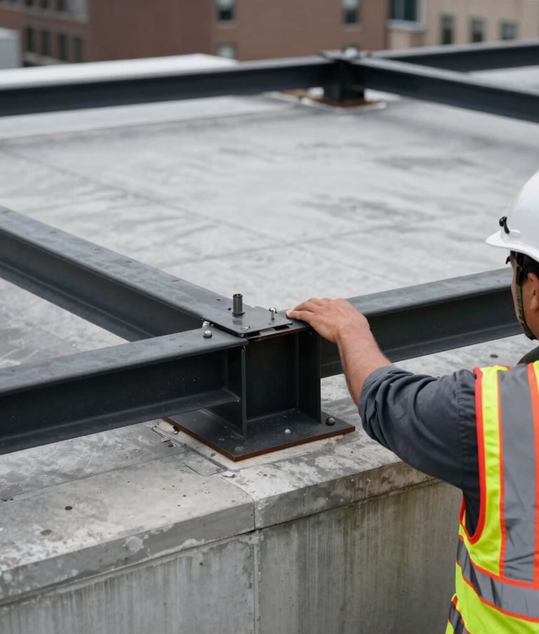 A technical close-up shot of a structural roof inspection in North American / US (New York City). A professional in a high-visibility safety vest points to a reinforced steel joint on a commercial building roof. The palette is dominated by steel black and concrete gray with deep red safety accents.