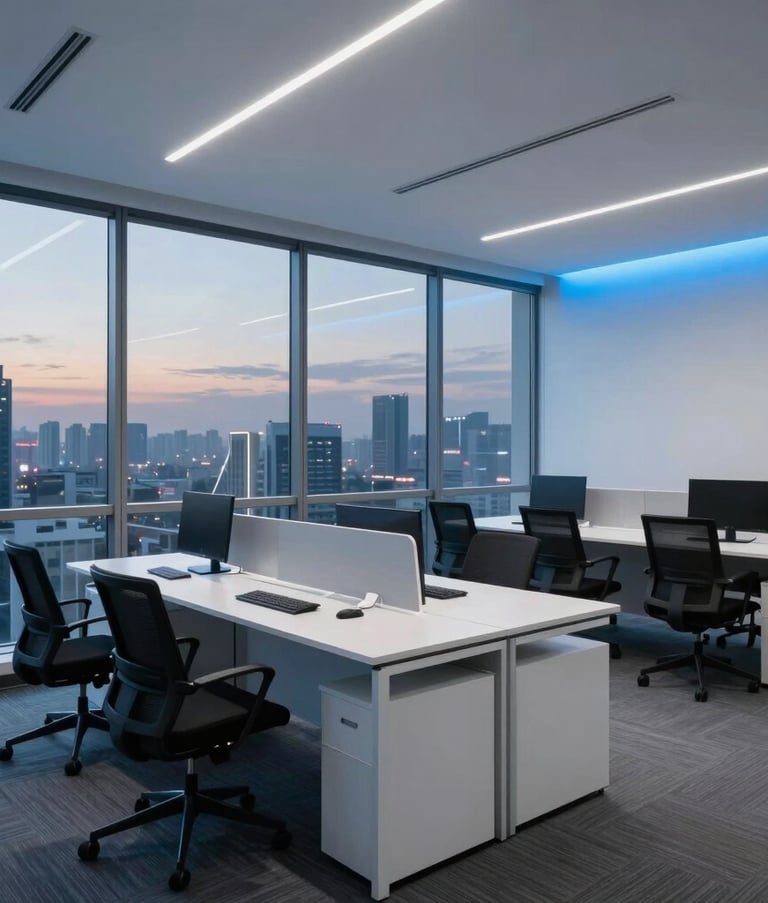 A minimalist, modern executive office in a South Asian tech hub. A large window reveals a cityscape at dusk. The interior features white desks, ergonomic chairs, and subtle electric blue accent lighting on the walls.
