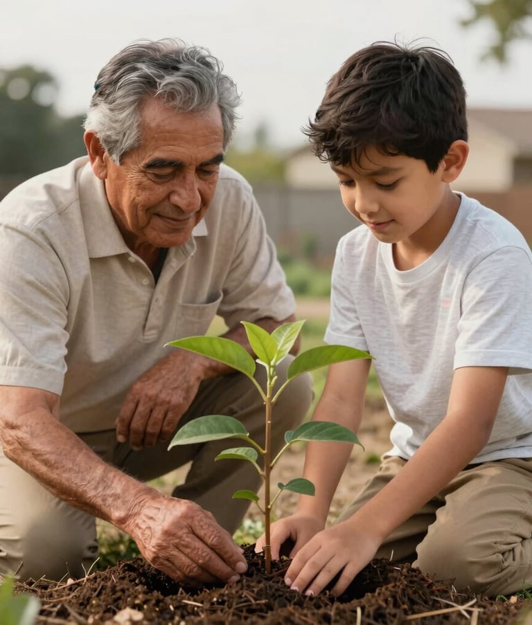 A North American / Hispanic grandfather teaching his grandson how to plant a small tree in a garden, symbolizing growth and legacy, soft morning light, emotional and clean composition, tan and off-white tones.