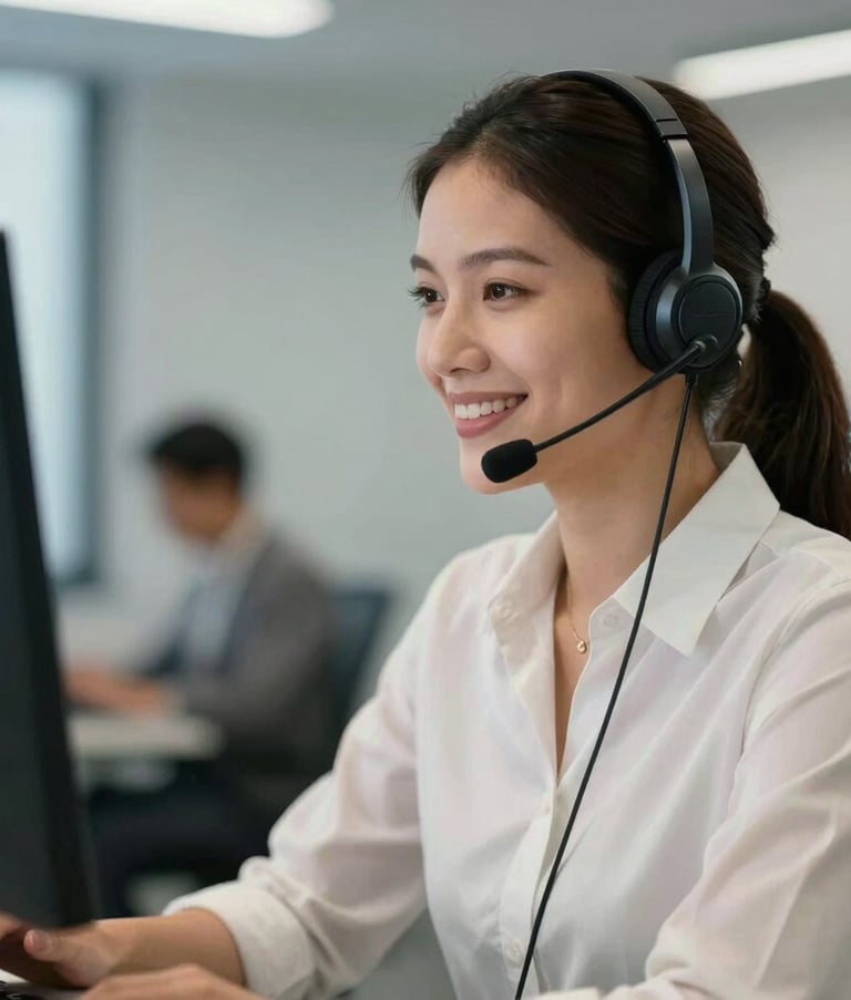 Photography of a professional South American customer service representative in a modern office, wearing a sleek headset and smiling warmly while looking at a screen. The background is softly blurred with tones of blue-grey and off-white.