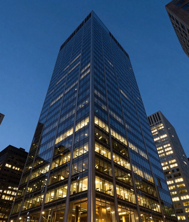 A low-angle architectural photograph of a sleek glass office building in a major North American financial district at dusk. The sky is a deep blue, and the building windows glow with warm, professional lighting.