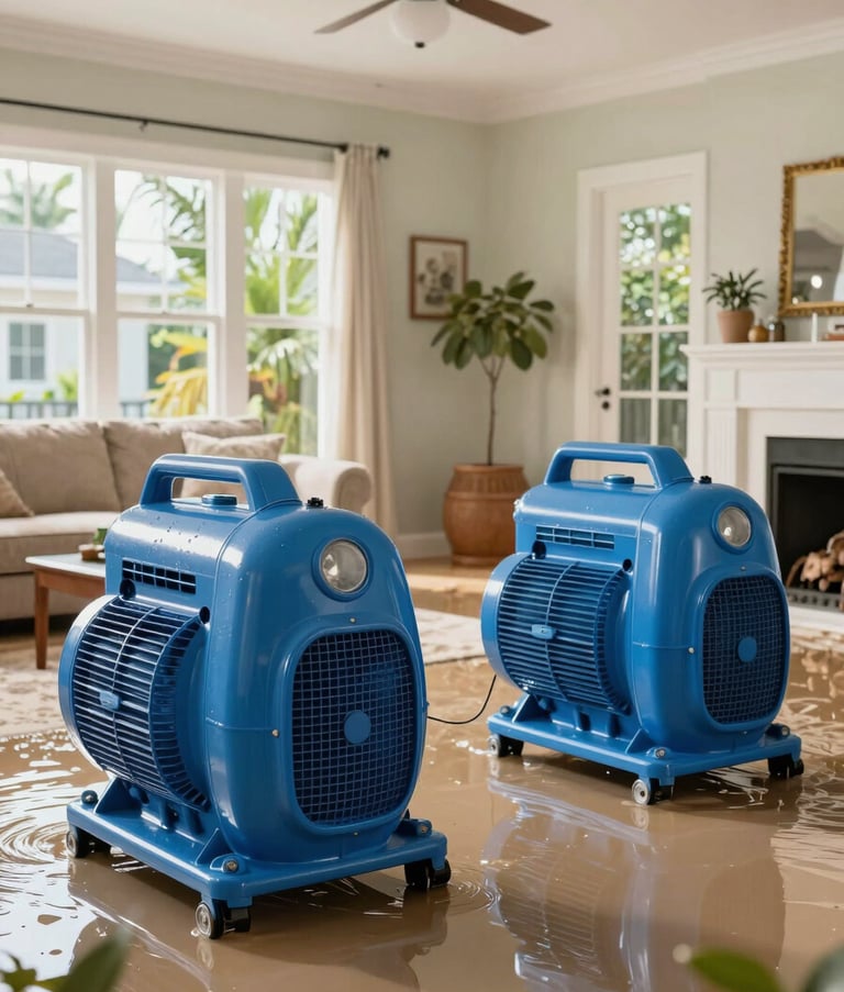 Photography of high-powered industrial blue air movers and dehumidifiers strategically placed in a flooded living room of a Florida home to dry the structure, bright daylight, professional equipment.