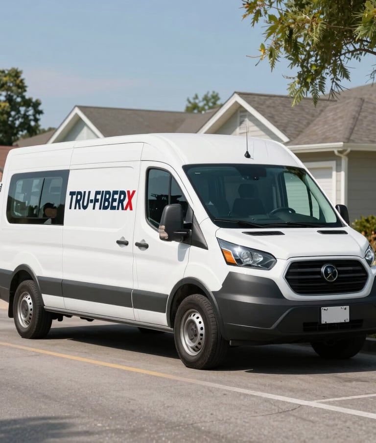A professional TRU-FIBERX branded service van parked on a clean suburban North American residential street, a technician preparing equipment during a bright sunny day, conveying reliability and expertise.