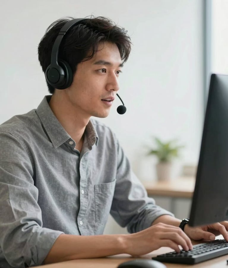 A focused professional in a modern Brazilian workspace, wearing a sleek headset, engaged in a conversation, clean background, bright natural lighting, professional atmosphere.