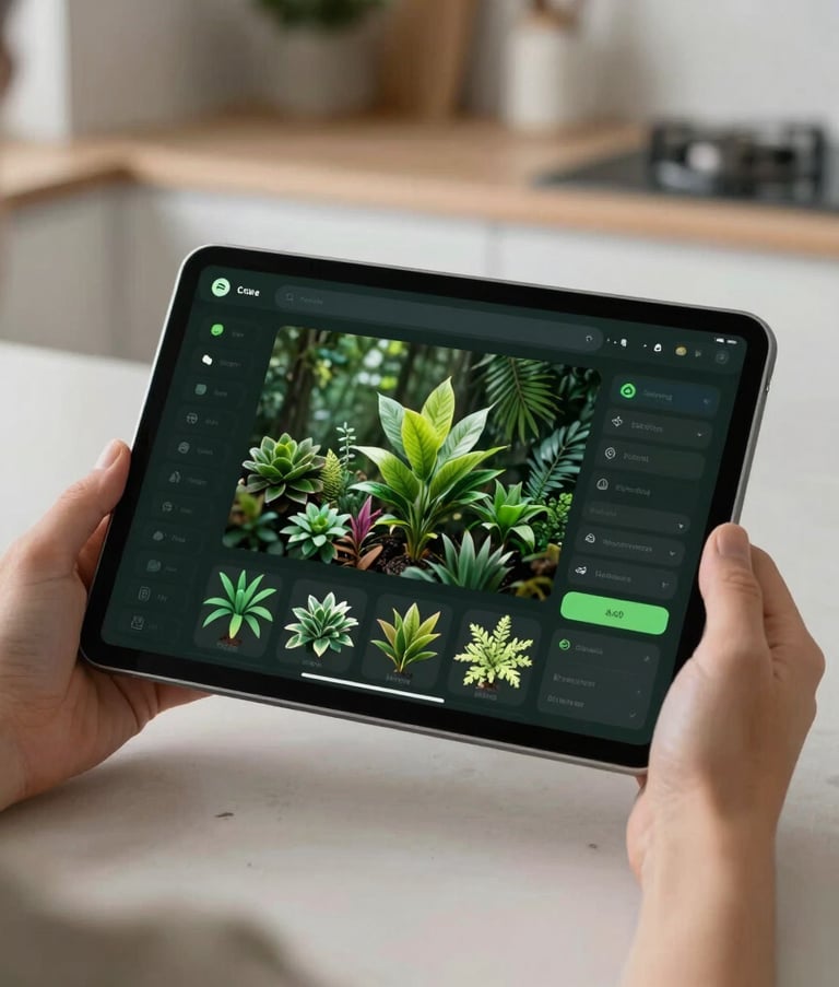 A detailed shot of a person using a tablet in a bright, modern North American kitchen. The screen displays a sophisticated botanical growing application with dark forest green and charcoal UI elements. The background is a soft-focus high-end interior with light silver finishes.