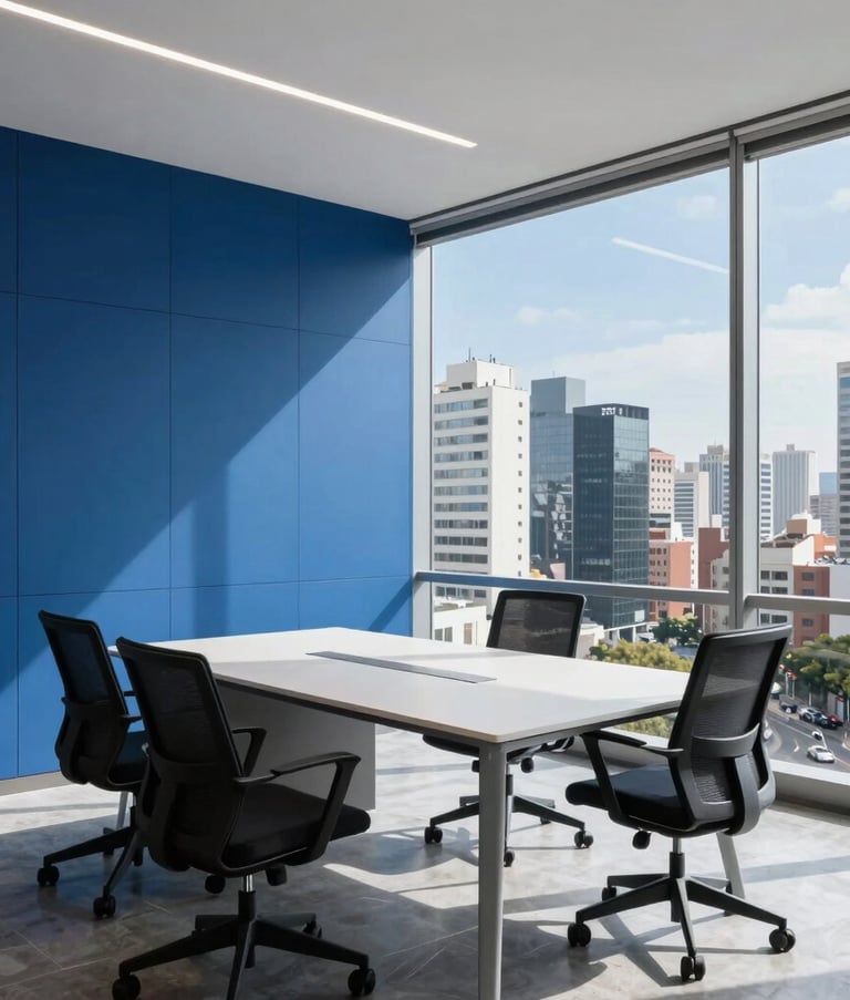 Modern minimalist workspace in a high-tech Latin American office building, featuring clean lines, ergonomic furniture, and a panoramic view of an urban financial center, bright natural lighting, Deep Blue and Sky Blue decor elements.