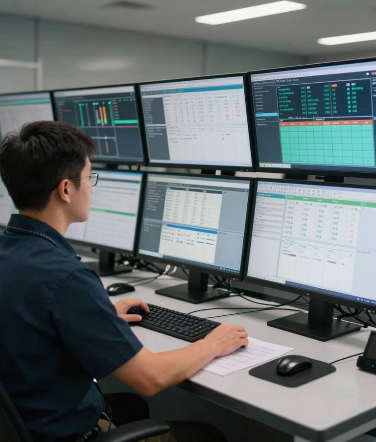 A professional logistics coordinator in a modern US-based command center, focused on multiple monitors displaying real-time tracking and medical inventory data. The atmosphere is quiet, professional, and reflects high-tech efficiency.