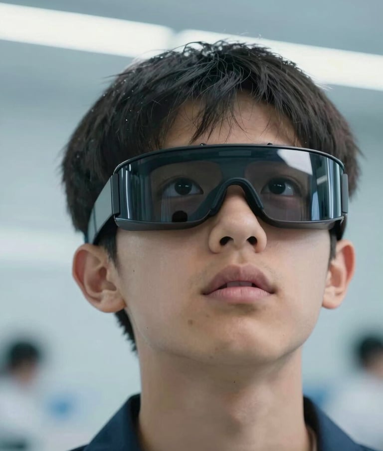 A close-up photograph of a student in an International academic setting, wearing advanced Augmented Reality glasses. The person is looking up with an expression of wonder. The background is a clean, futuristic lab with soft sky blue and white lighting.