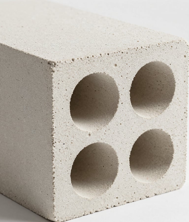 Extreme close-up photography of the porous texture of an AAC cellular concrete block, highlighting its insulating structure, clean minimalist composition, soft professional studio lighting, neutral off-white tones.