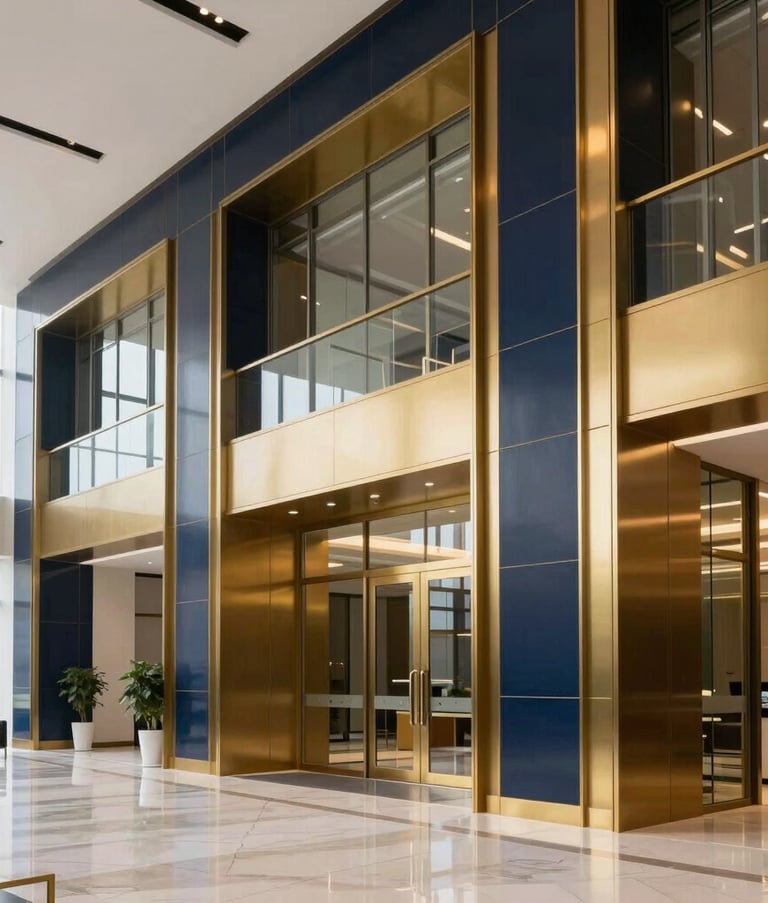A wide-angle photography shot of a sleek, modern commercial lobby in Dubai with deep navy and metallic gold design elements. Bright, airy, and professional atmosphere in a Middle Eastern / Gulf corporate setting.