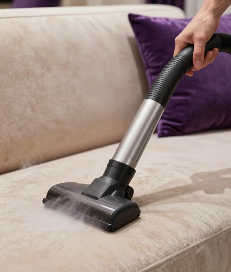 Close-up of a professional cleaning specialist using a steam cleaner on a luxury beige sofa. Handheld device, clean steam, meticulous focus on fabric texture, Middle Eastern / Gulf interior setting with purple decorative accents, high-end aesthetic.