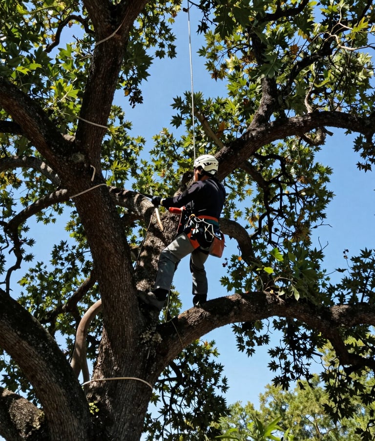 A skilled arborist performing tree maintenance on a large oak tree in North American / US (Texas). The composition is a dynamic upward angle showing professional trimming against a bright blue sky, with lush dark green foliage.