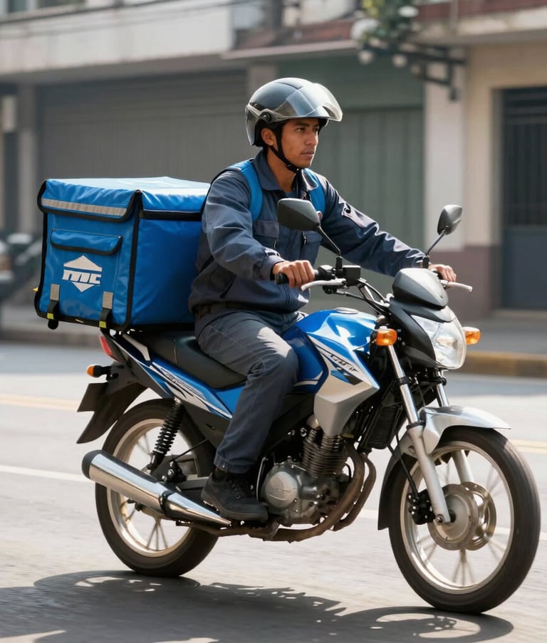 A modern delivery motorcycle on a clean street in a South American urban environment, morning sunlight, professional delivery person in sleek uniform, conveying speed and reliability, steel blue accents.