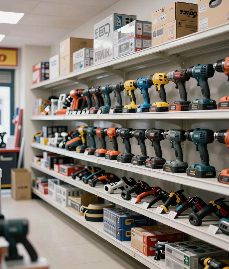 The interior of a well-organized Turkish hardware store showing a wide variety of power tools and construction materials on clean white shelving, bright and inviting atmosphere, Anatolian region style.