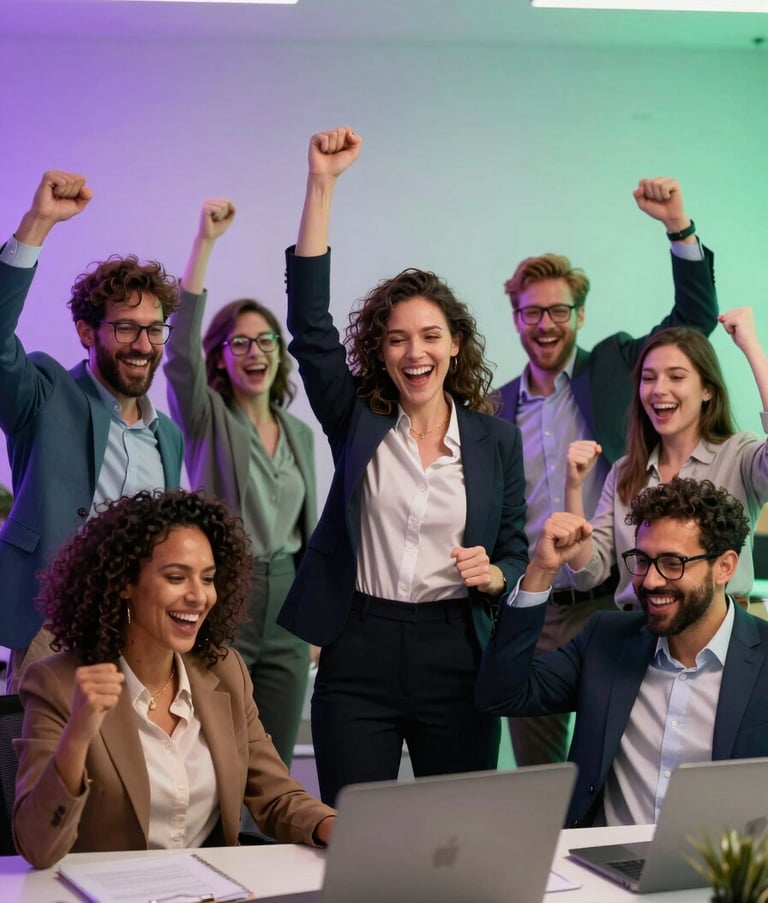 A group of diverse professionals in a dynamic English-speaking office celebrating a achievement, vibrant bright purple and mint green lighting accents, energetic and playful composition, professional attire.