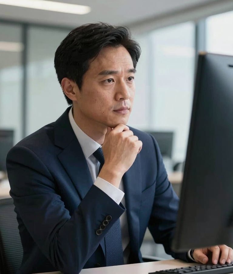 A focused shot of a sophisticated financial advisor looking thoughtfully at a screen in a professional North American corporate setting, soft lighting, professional business attire in navy blue.