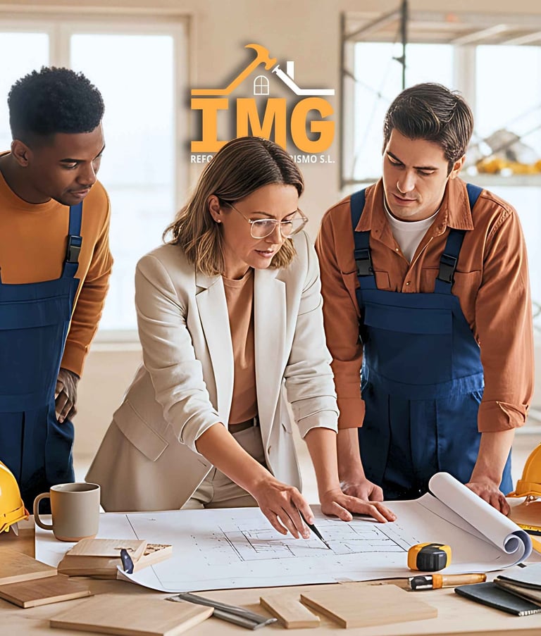 Equipo de IMG revisa planos de reforma durante la planificación de obra.