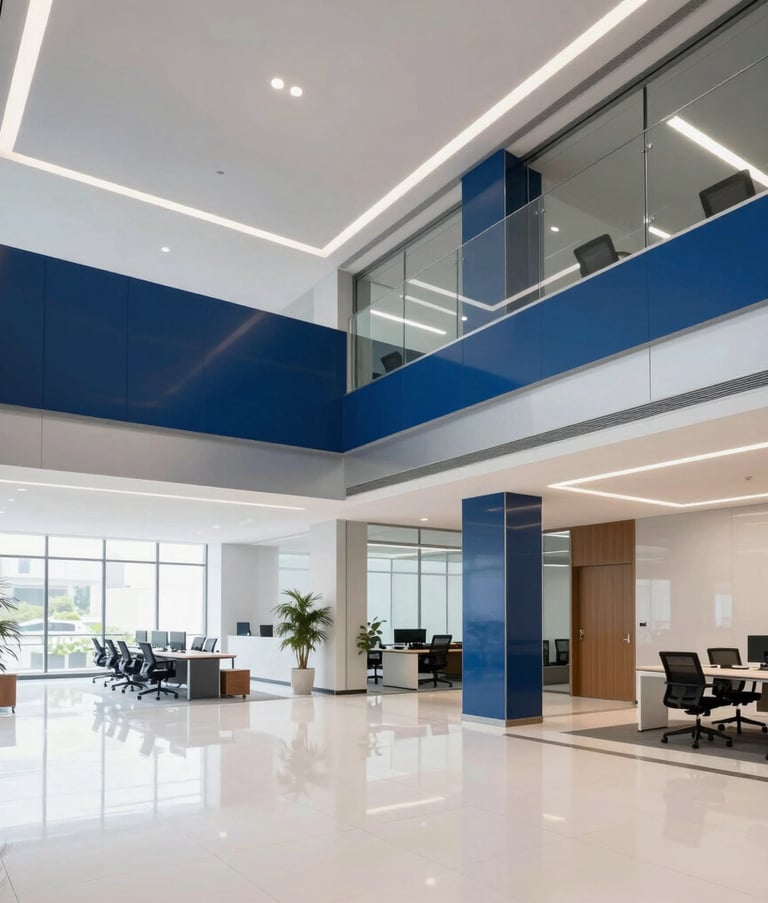 A wide-angle shot of a modern, professional Indonesian office lobby. The space is clean and minimalist with architectural elements in oxford blue and platinum. Bright, even lighting that emphasizes transparency and integrity.