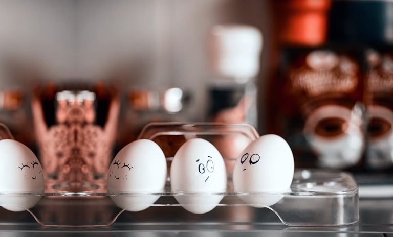 three eggs with faces drawn on them in a plastic container