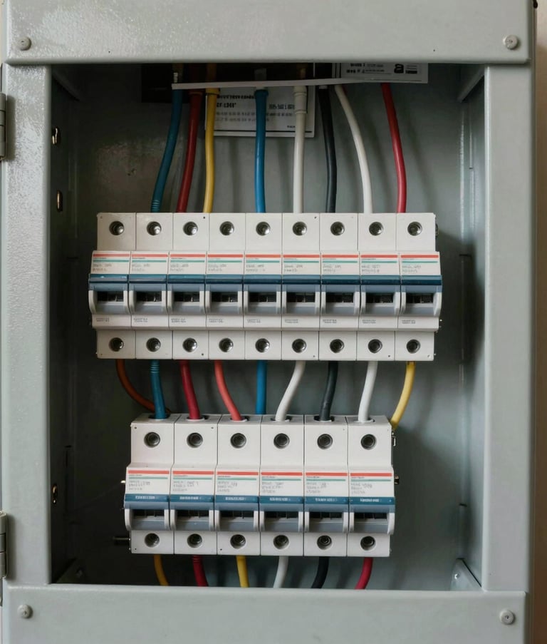 A detailed, professional photograph of a perfectly organized residential electrical panel with new circuit breakers. The lighting is crisp and clear, highlighting the precision of the wiring in a North American home setting.