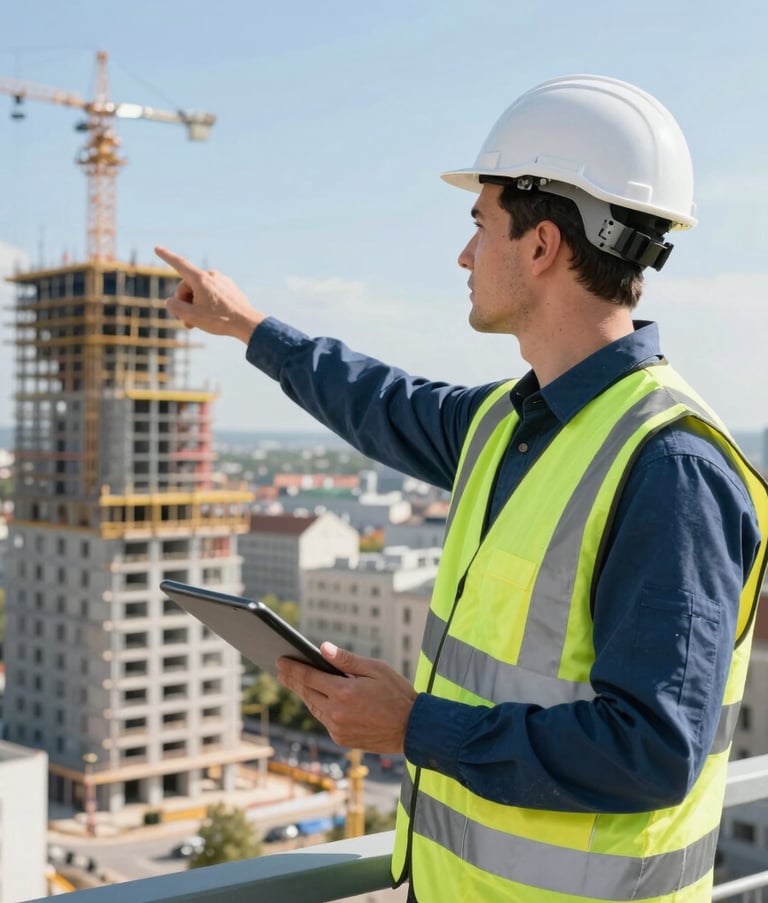 A skilled construction engineer in professional high-visibility gear holding a digital tablet and pointing toward a new urban development in a Central European city, bright and efficient lighting, Slate Blue accents.