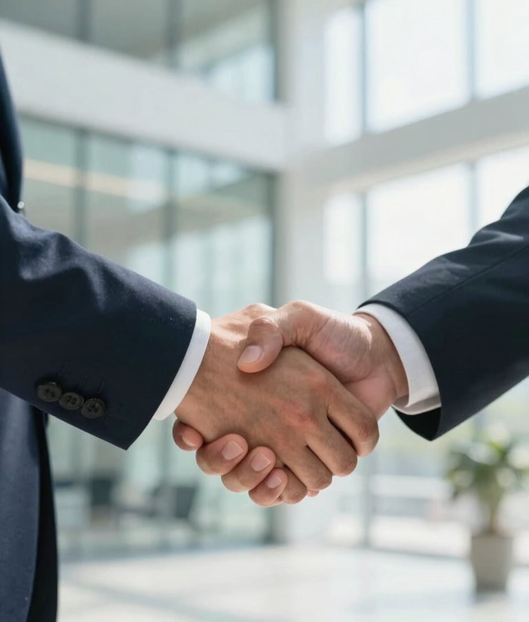 A close-up, professional photograph of two business people shaking hands in a bright, modern glass-walled lobby in the US. The composition is clean and focused, using soft natural light and professional attire to convey trust and partnership.