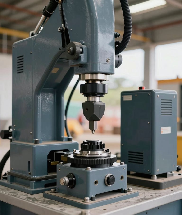 Detailed photography of specialized technical equipment being used on a modern South American construction site, focus on mechanical precision, blue and slate gray tones, industrial aesthetics.