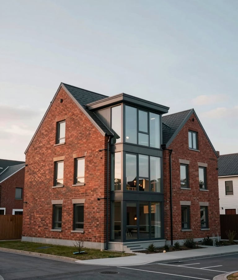 A wide-angle professional photograph of a completed modern domestic building in a Northern European suburb, featuring red brickwork and large glass windows under a soft gray sky, symbolizing quality residential construction.