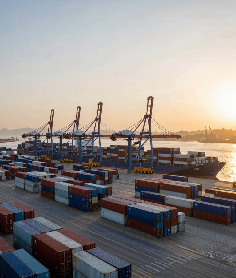 A wide-angle professional photograph of a bustling maritime shipping port in Spain at sunrise. Golden sunlight reflects off the water and neat rows of cargo containers. The scene conveys efficiency and high-level international logistics.