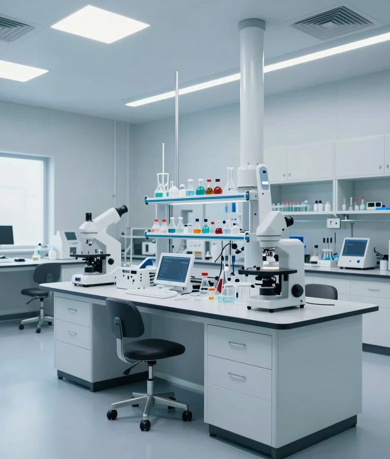 A wide-angle professional photograph of a futuristic biotechnology research lab in the US, featuring clean surfaces and natural lighting with soft white and light blue color palettes.